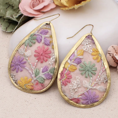 Pastel pink embroidered floral earrings tear