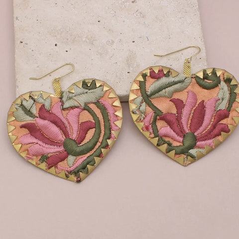 Pink embroidered cramp heart earrings