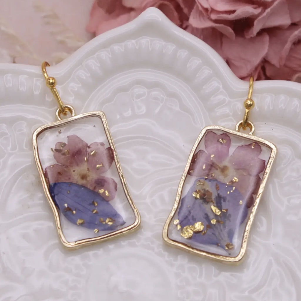 Purple, pink dried flower rectangle earrings