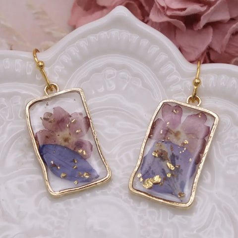 Purple, pink dried flower rectangle earrings