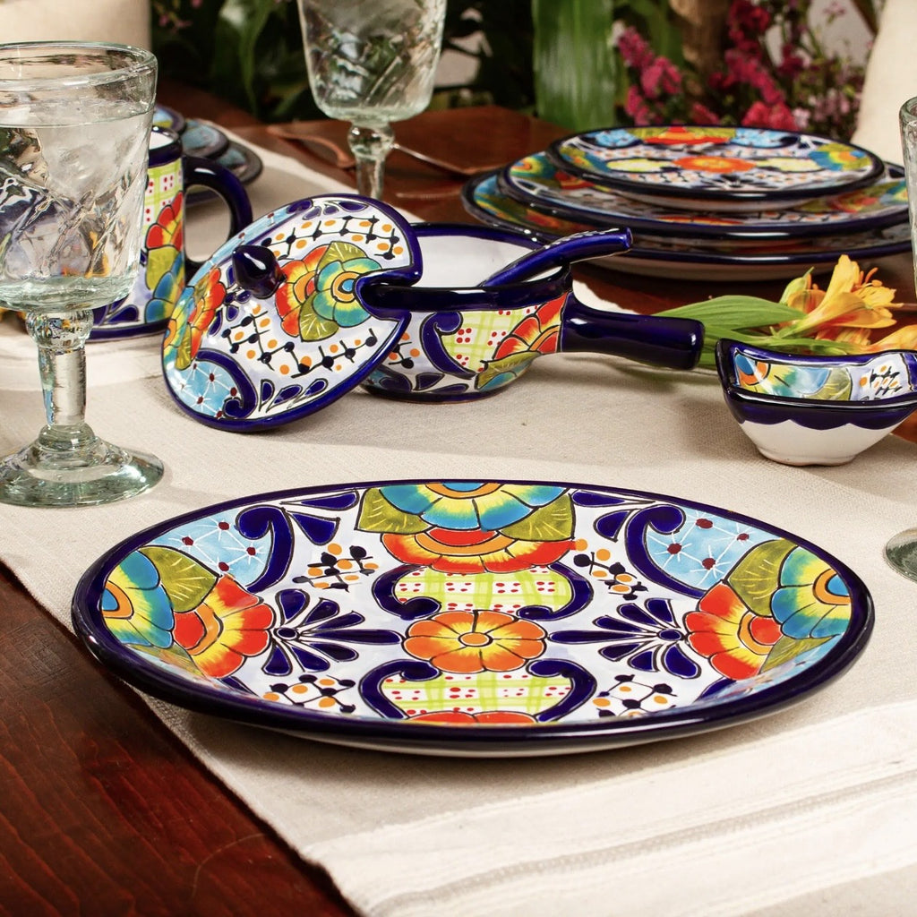 Raining Flowers ceramic oval serving  platter handmade in Mexico