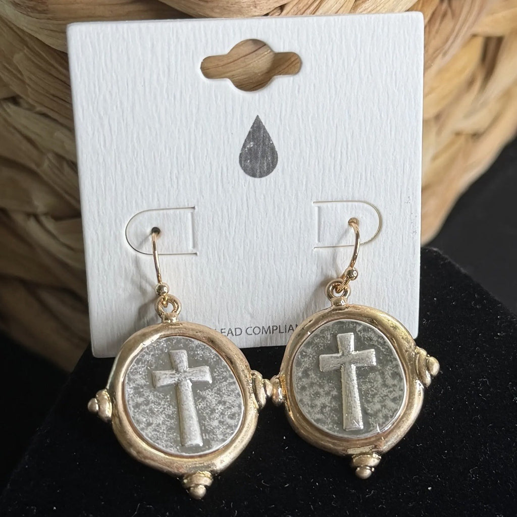 Two-tone circle cross earrings