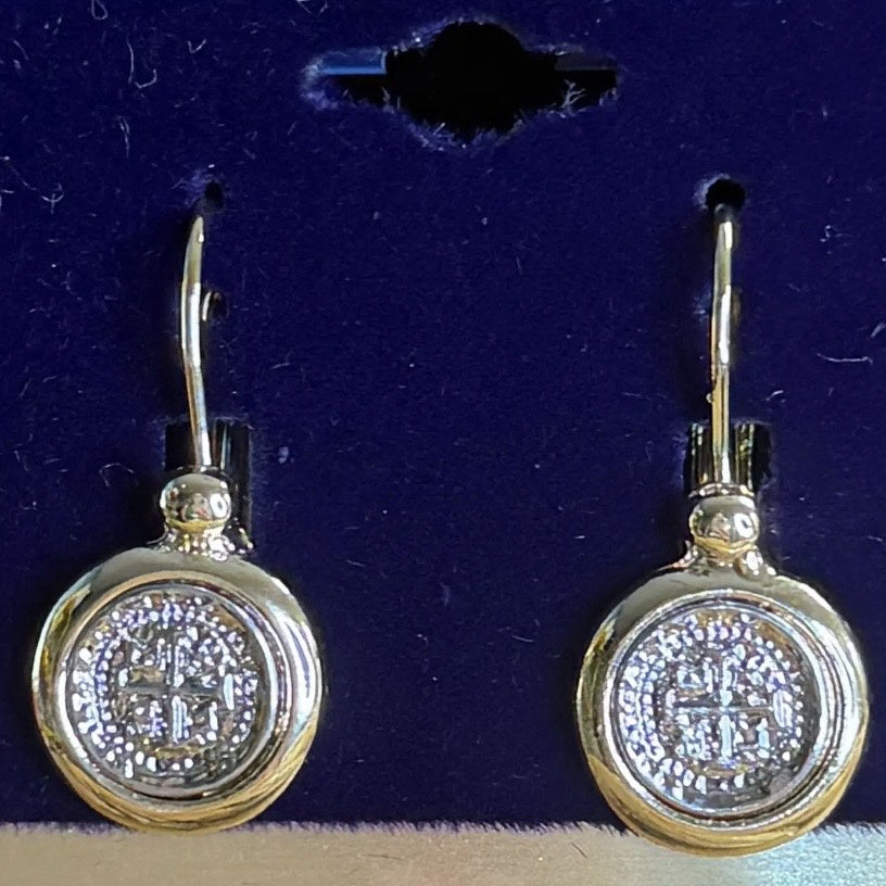 Two tone round earrings with silver cross