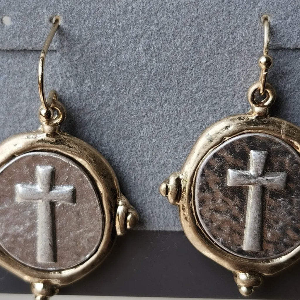 Two-tone Cross medallion fishhook earrings