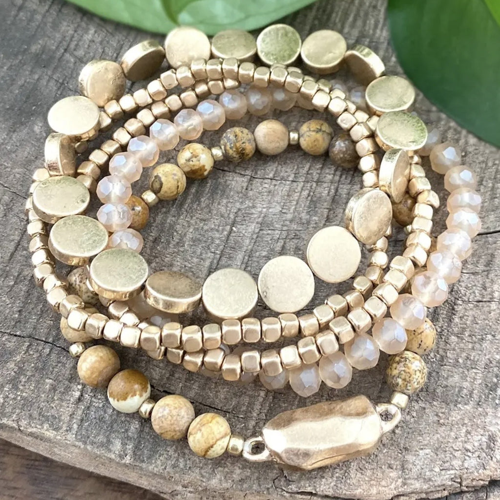 5 Piece Boho Beaded Bracelets Stack Semi Precious Metal Glass Beads Golden Nugget Flat Beads