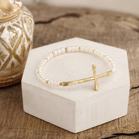 Faithful Pearl beaded Cross Stretch bracelet