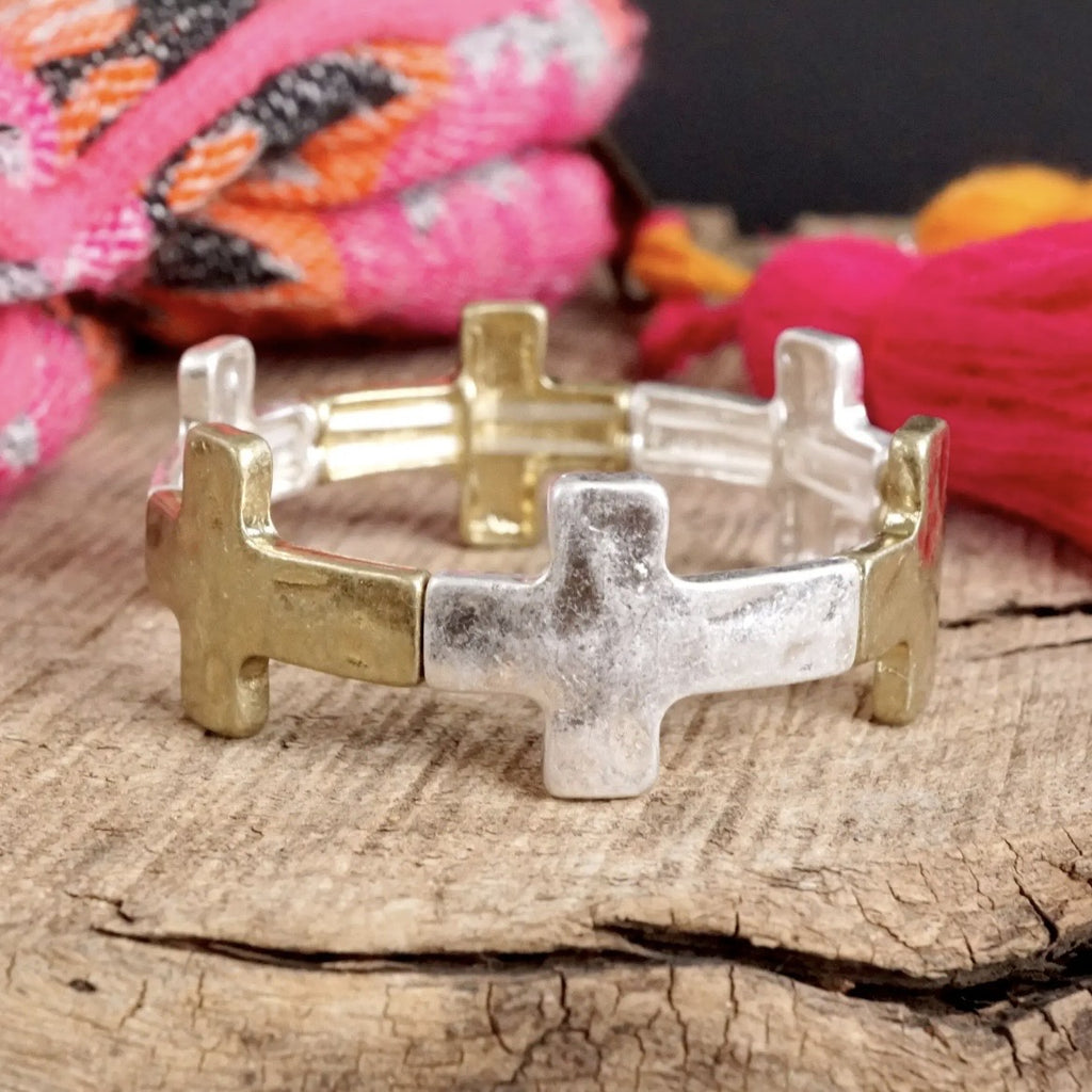 Hammered Sideways Cross bracelet gold and silver stretchy