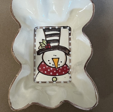 Friendship Bowl Snowman hand, Painted Christmas Pottery