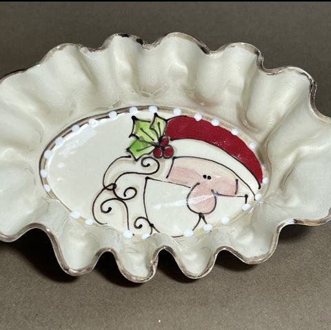 Oval Baking Dish Santa  hand Painted Christmas Pottery