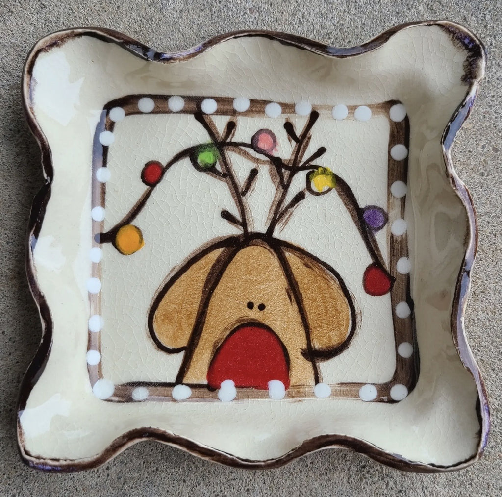 Small Candle Plate Reindeer Lights hand-painted Christmas Pottery