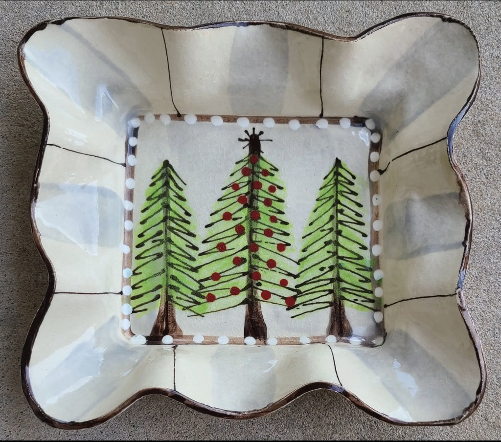 Small plate Trees hand painted Christmas Pottery