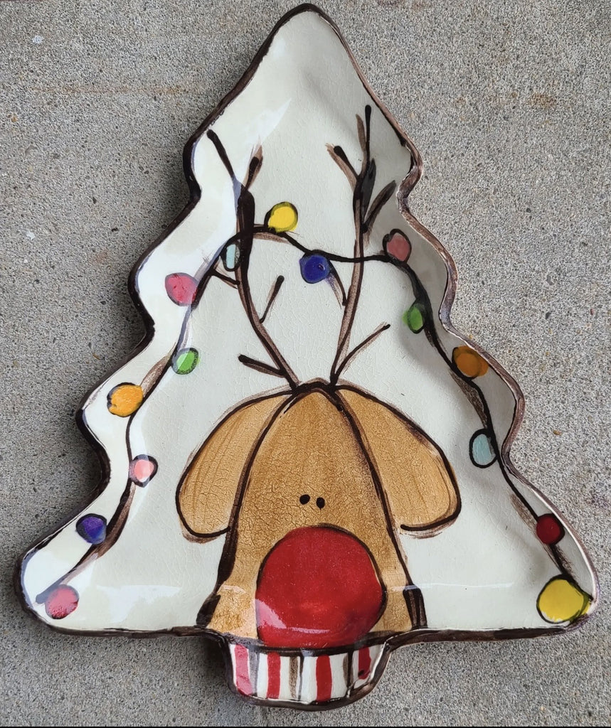 Tree Plate reindeer with lights, hand-painted Christmas Pottery
