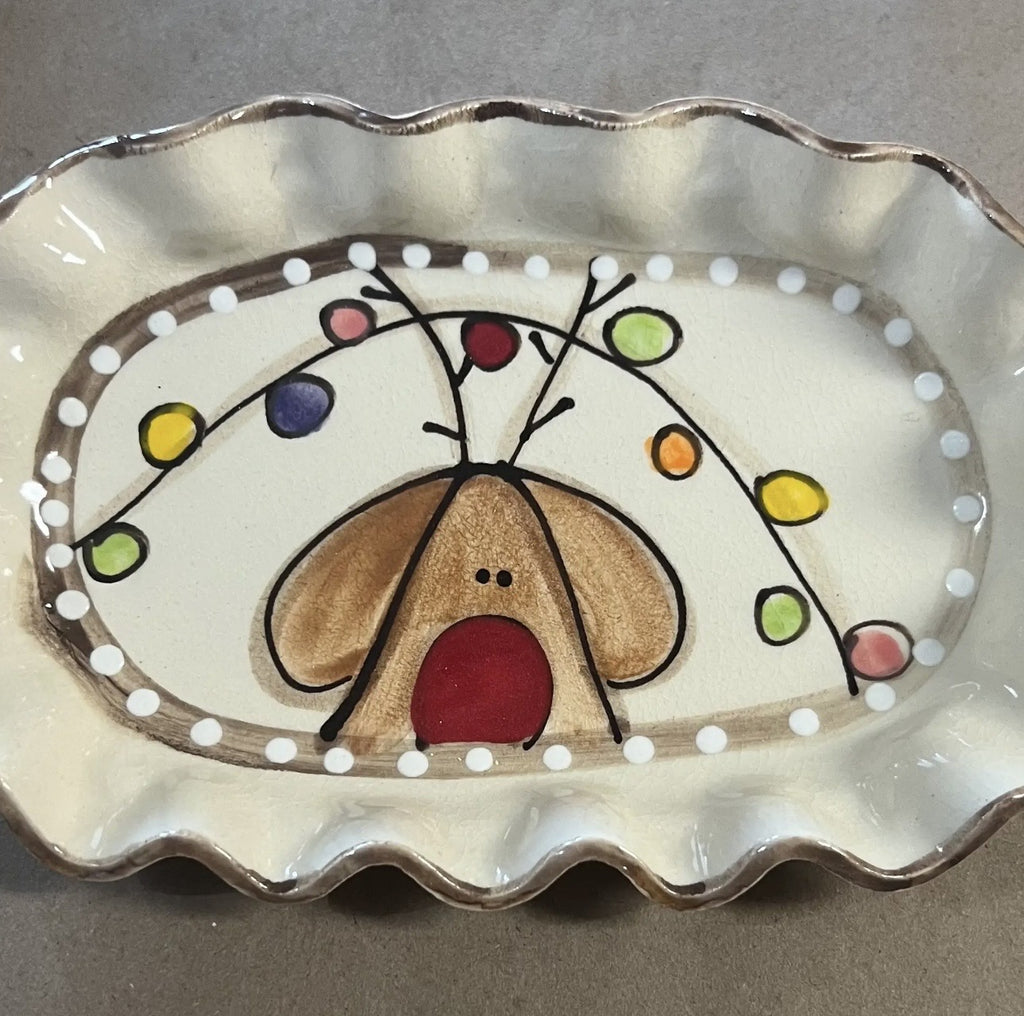 Trinket Tray oval  reindeer lights hand-painted Christmas pottery 26