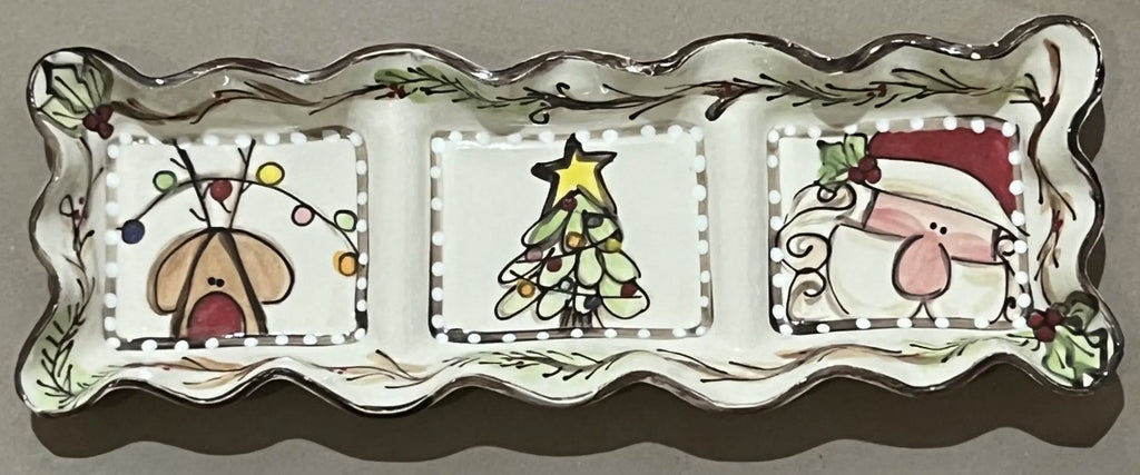 3 section hand painted  Christmas Pottery dip bowl