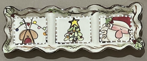 3 section hand painted  Christmas Pottery dip bowl