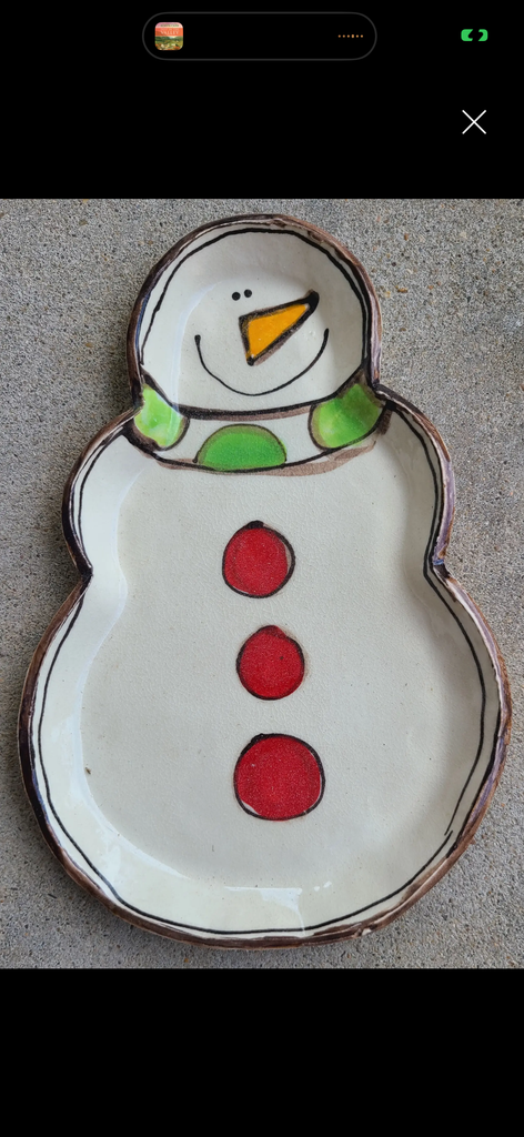 Snowman Plate hand Painted Christmas Pottery