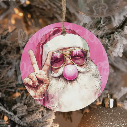 Pink Preppy Retro Santa Christmas bubblegum ornament