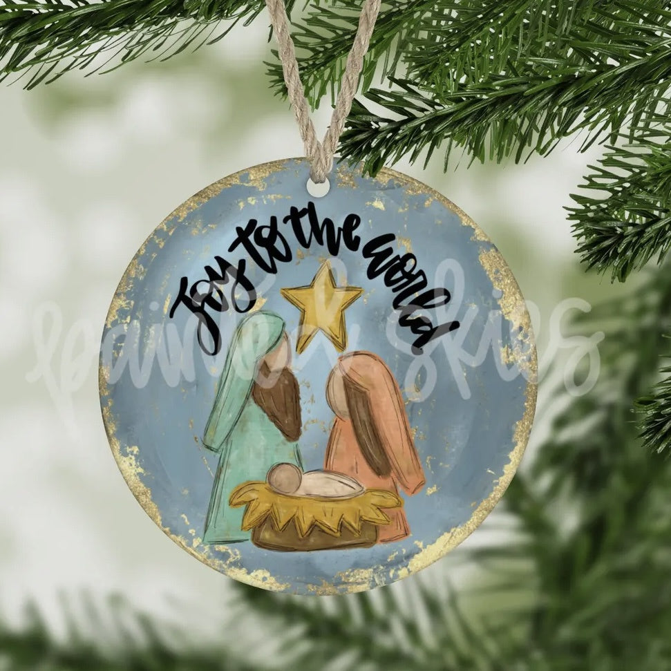 Nativity, Joy To The World hand painted art ornament