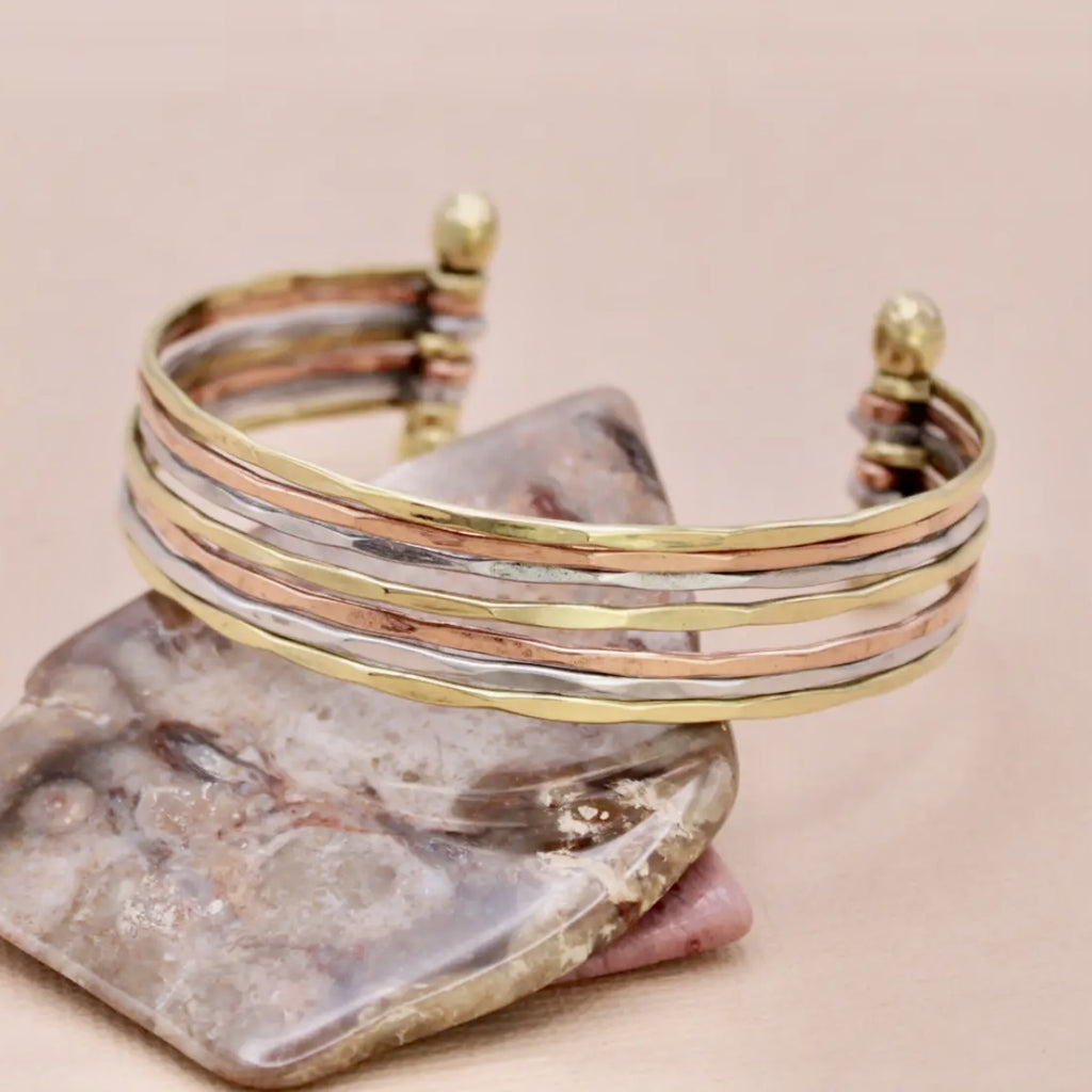 Mixed metal hammered cuff bracelet