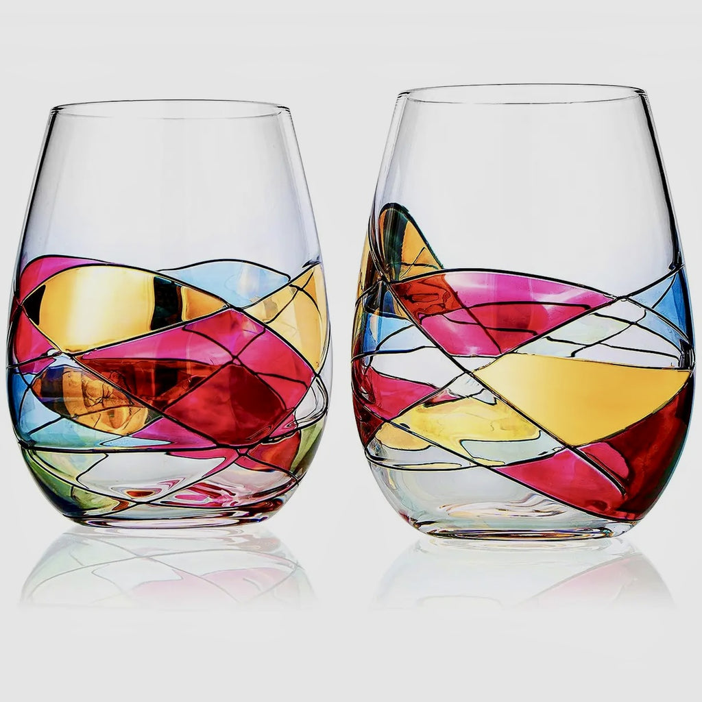 Hand Painted Stemless Wine Glasses Set of 2