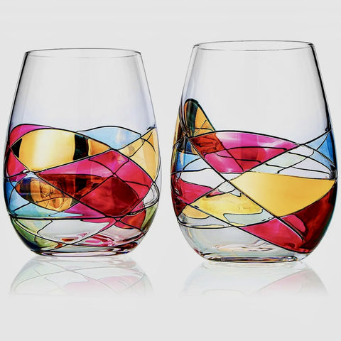 Hand Painted Stemless Wine Glasses Set of 2