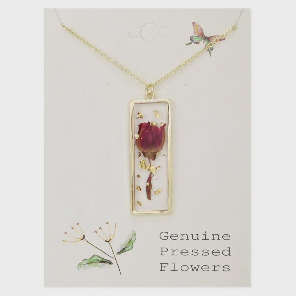 Gold Bar Red Dried Flower Necklace
