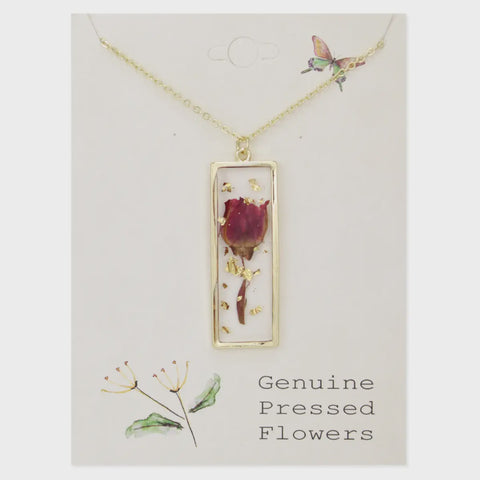 Gold Bar Red Dried Flower Necklace
