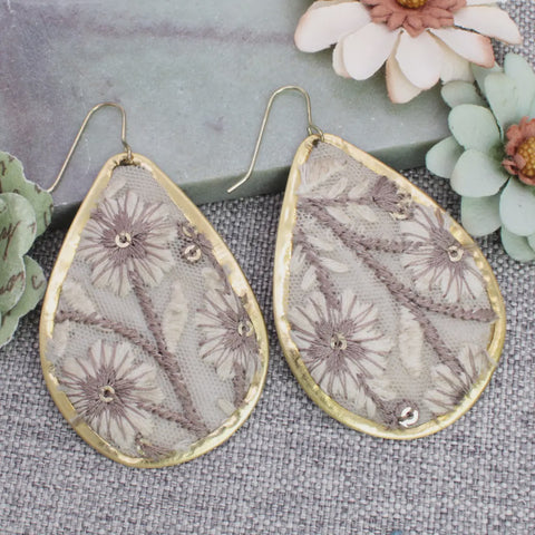 Grey Floral Embroidered Teardrop Earrings