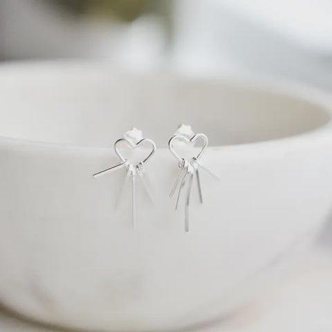 Silver Heart Fringe Stud Earrings