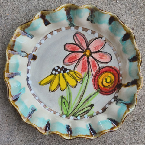 Bread Plate Drip Flowers Pottery