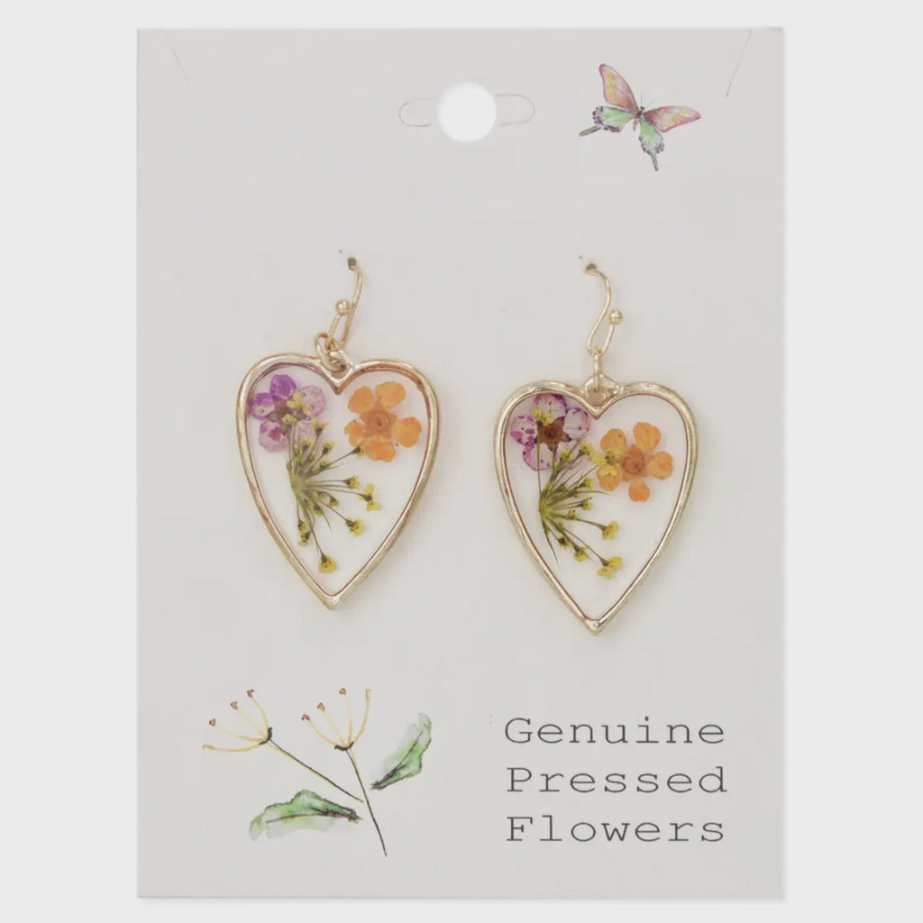 Purple Orange Dried Flower Gold Heart Earrings