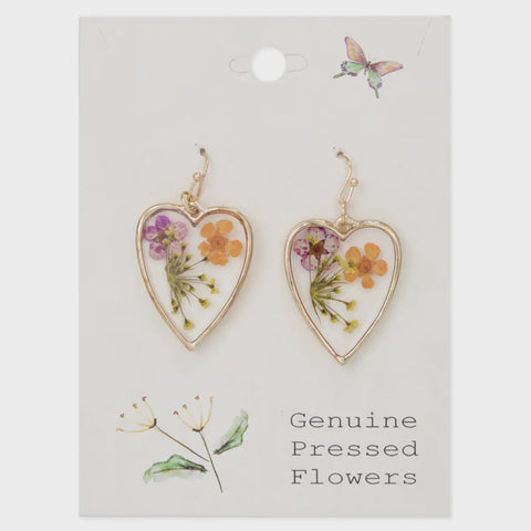 Purple Orange Dried Flower Gold Heart Earrings