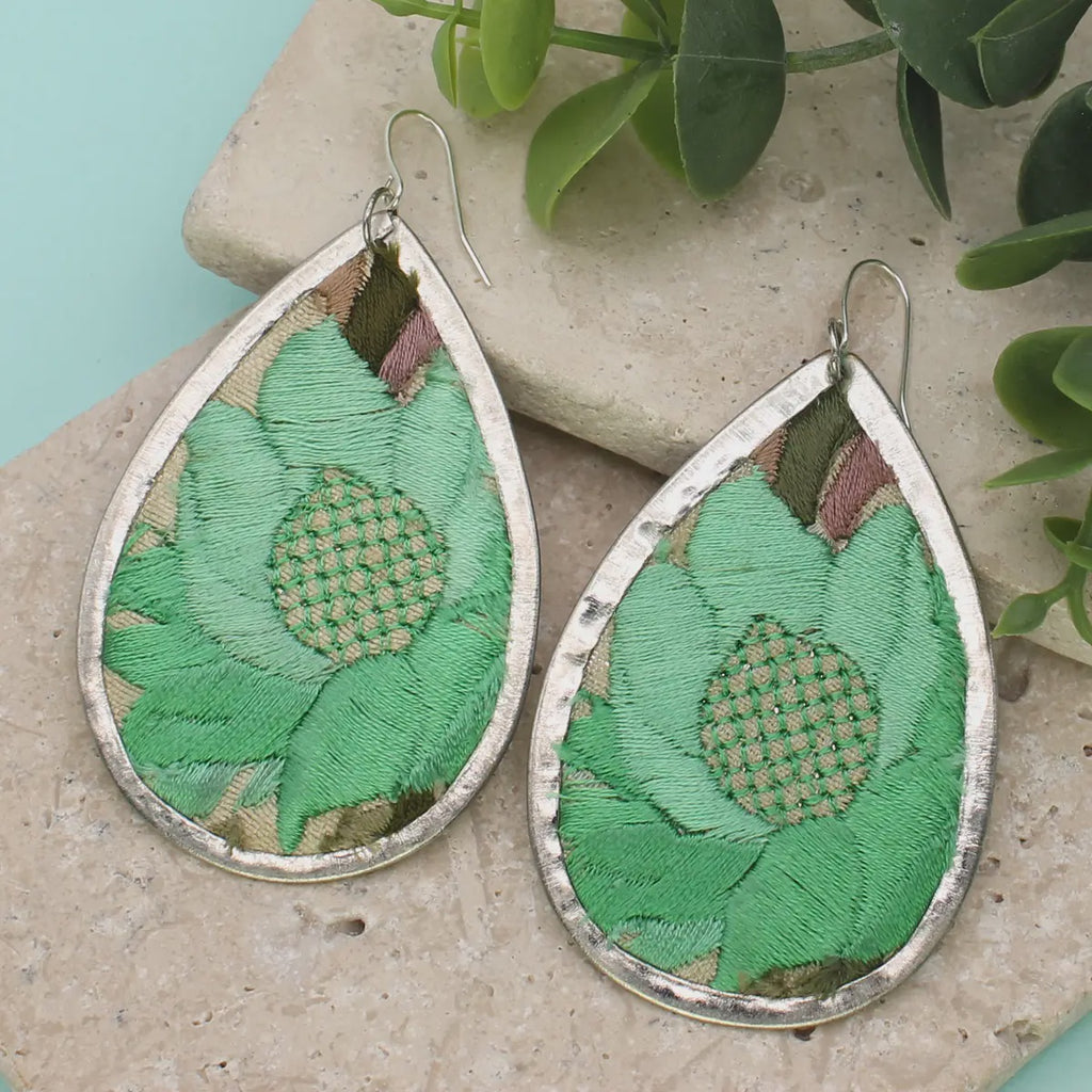 Embroidered Silver Teardrop Earring Green Floral