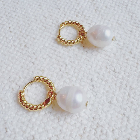 Cabled Huggie Natural Pearl Hoop Earrings