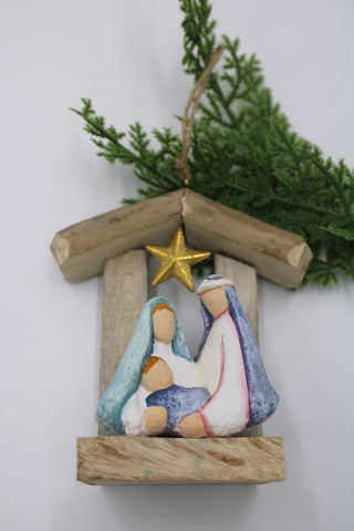 4.75x2.5x5" Driftwood Holy Family Ornament, Blue