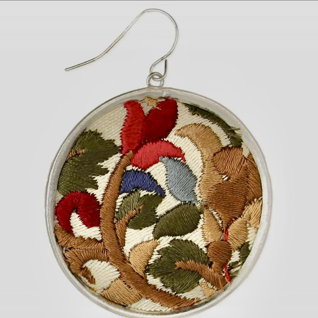 Red embroidered Flower Round Earrings