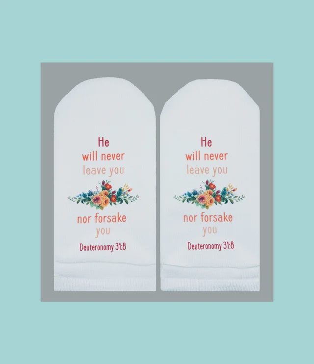 Scripture Socks He Will Never Leave You