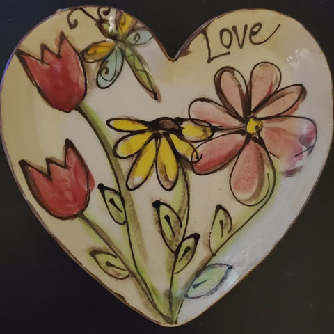 Small Heart Plate Dragonfly Flowers Love Pottery