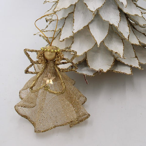 4x3.5" Sinamay Angel Ornament, Gold Glitter w/ Star