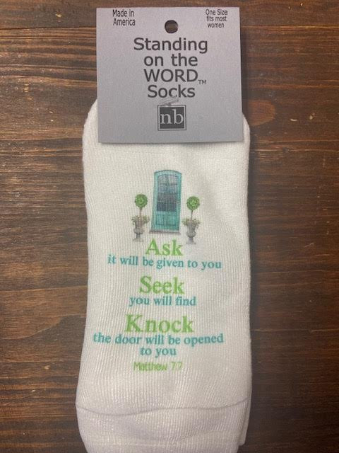 Scripture Socks "Ask Seek Find" Blue Door Design