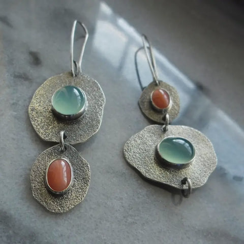 Boho Geometric Silver Drop Dangle Gemstone Earrings