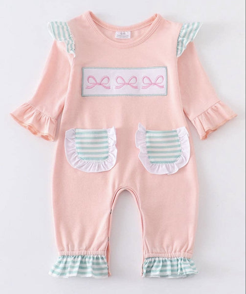 Pink Bow Knot Embroidery Pocket Girl Romper