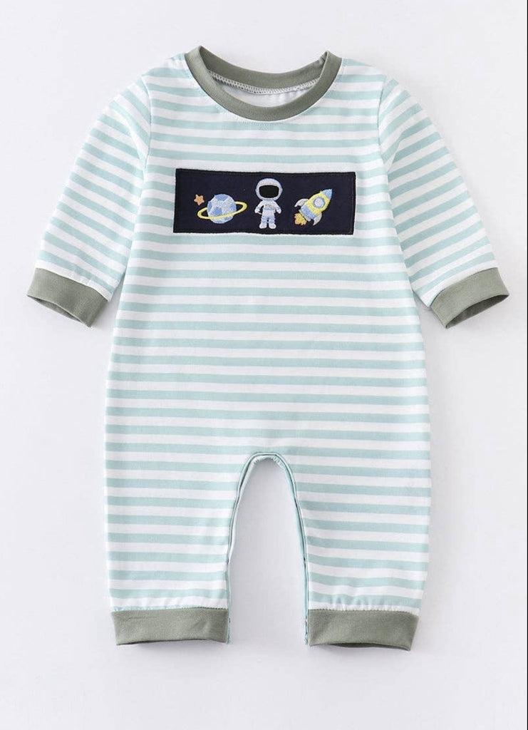Green astronaut embroidery stripe baby  boy romper