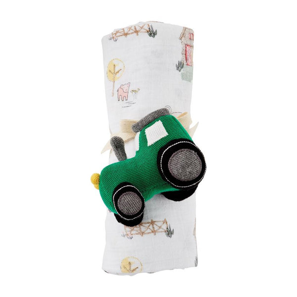 Tractor Swaddle Blanket and Rattle Set