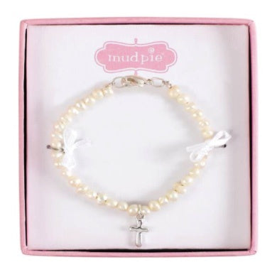 Baby Bracelet cultured pearl with sterling cross