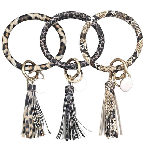 Animal print bangle keychain with tassel