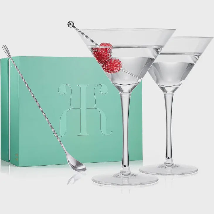 Crystal Martini Glass Set of 2, 10oz with Spoon & Olive Pick