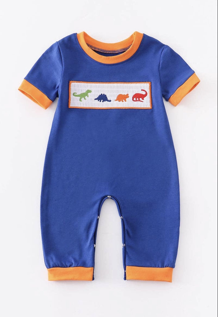 Navy Dinosaur Embroidery Smocked Baby Boy Romper