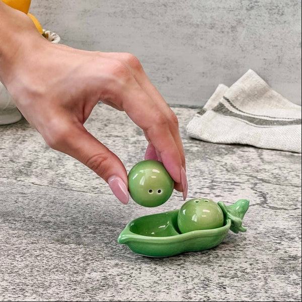 Two peas in a pod ceramic salt shakers