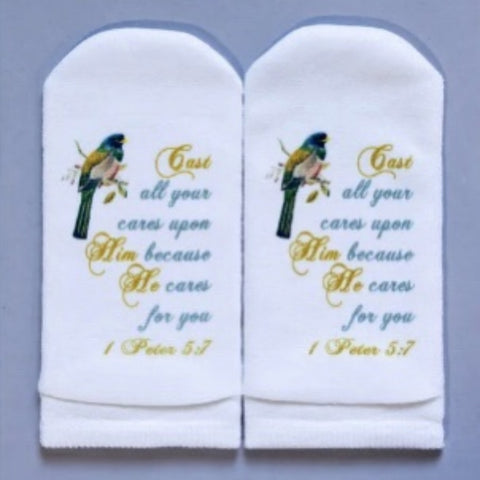 Scripture Socks Cast All Your Cares Upon The Lord Bird